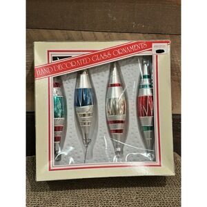 Christmas by Krebs 4 Ornaments Silver Multi Color Torpedo VINTAGE USA‎